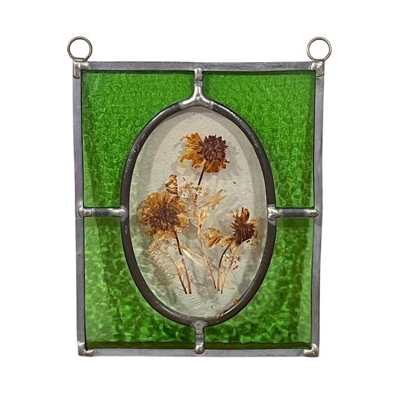 Artist Signed Pressed Flower Stained Glass Panel Oval Cottagecore Decor - Picture 1 of 8
